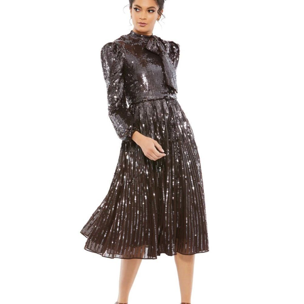 NWT Mac Duggal LONG SLEEVE TEA LENGTH DRESS Brown Size 16 93642 - Picture 3 of 14